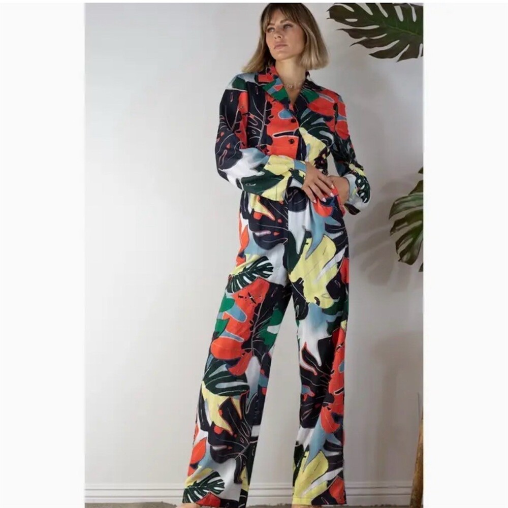 MULLA Jumpsuit Womens Size M Tropical Leaf Print Wide-Leg Tie Waist NWT - Picture 6 of 6